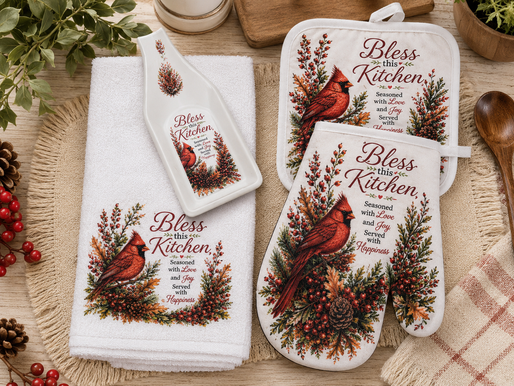 Coordinating 4-Piece Kitchen Gift Set – Towel, Oven Mitt, Pot Holder & Handmade Spoon Rest