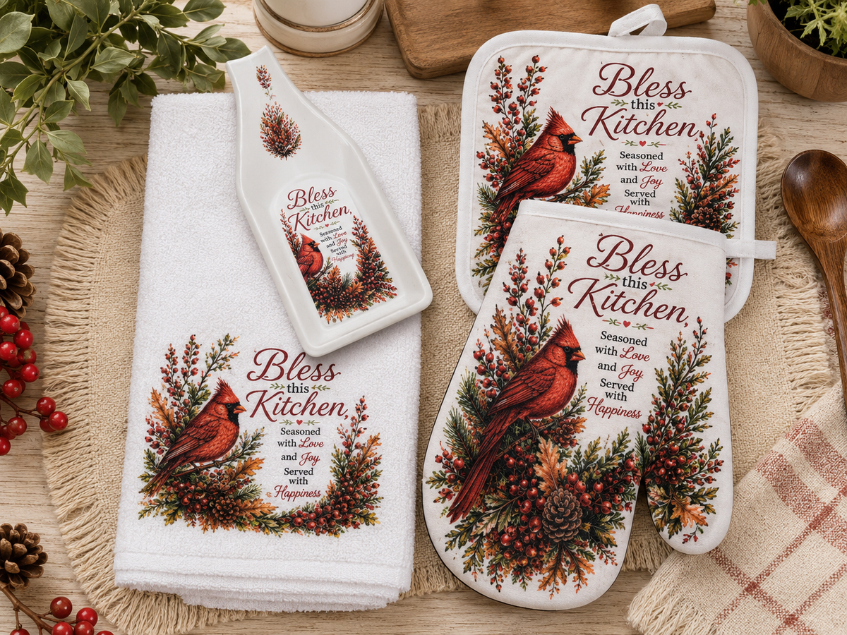 Coordinating 4-Piece Kitchen Gift Set – Towel, Oven Mitt, Pot Holder & Handmade Spoon Rest