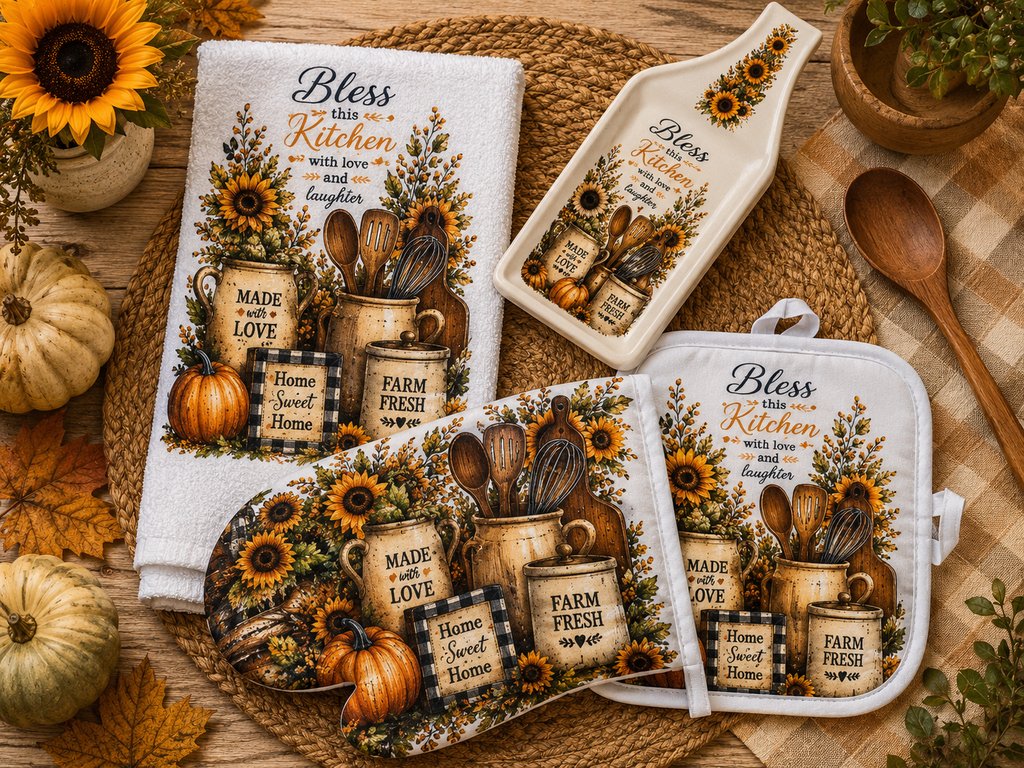 Coordinating 4-Piece Kitchen Gift Set – Towel, Oven Mitt, Pot Holder & Handmade Spoon Rest