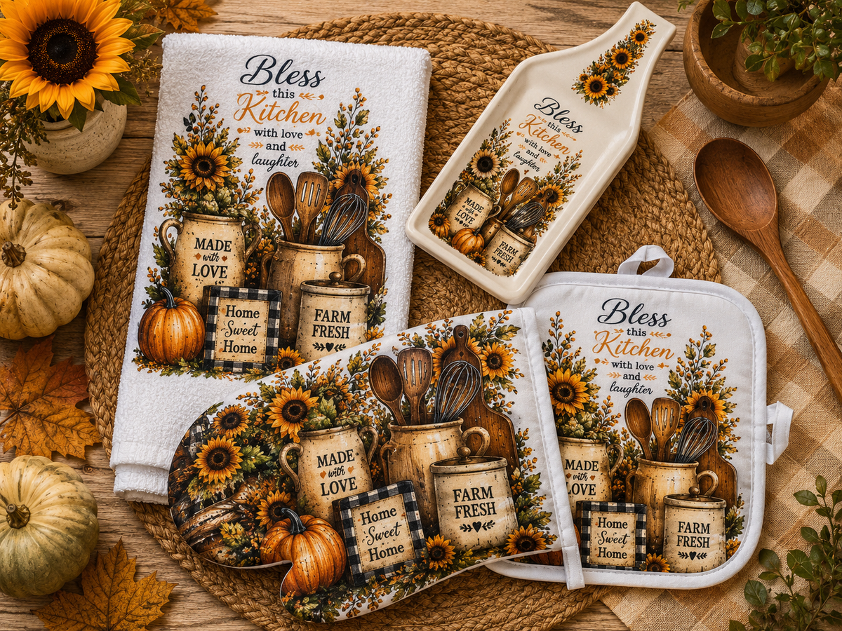 Coordinating 4-Piece Kitchen Gift Set – Towel, Oven Mitt, Pot Holder & Handmade Spoon Rest