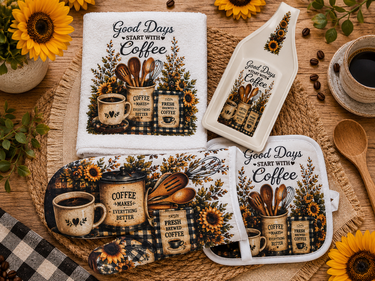 Coordinating 4-Piece Kitchen Gift Set – Towel, Oven Mitt, Pot Holder & Handmade Spoon Rest