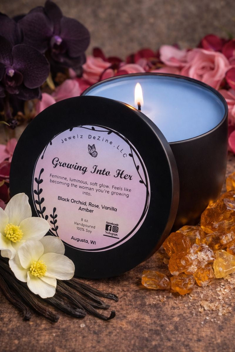 Chapter 9 Growing Into Her | Essential Oil Candle | Black Orchid, Rose, Vanilla Amber | Handmade Soy Wax Aromatherapy Candle