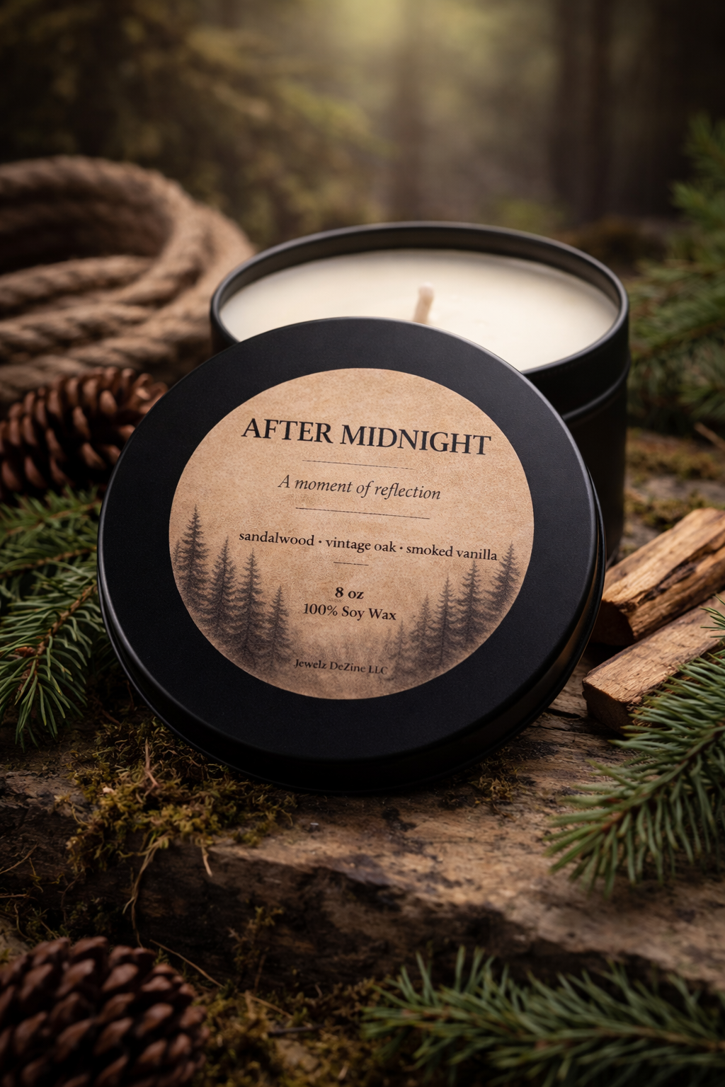 After Midnight | Woodsy Vanilla Soy Candle | Vintage Oak, Smoked Vanilla & Sandalwood | 8 oz Black Tin