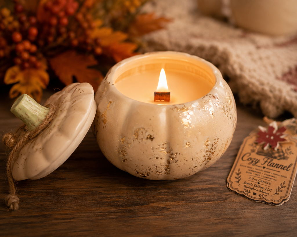 Cozy Flannel | 3.0 oz Handmade Eco Resin Pumpkin Soy Candle with Wooden Wick