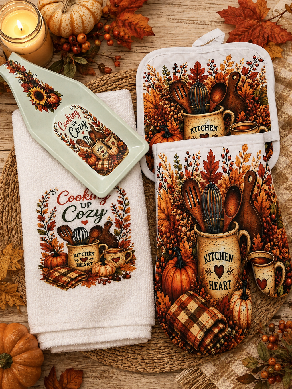 Coordinating 4-Piece Kitchen Gift Set – Towel, Oven Mitt, Pot Holder & Handmade Spoon Rest