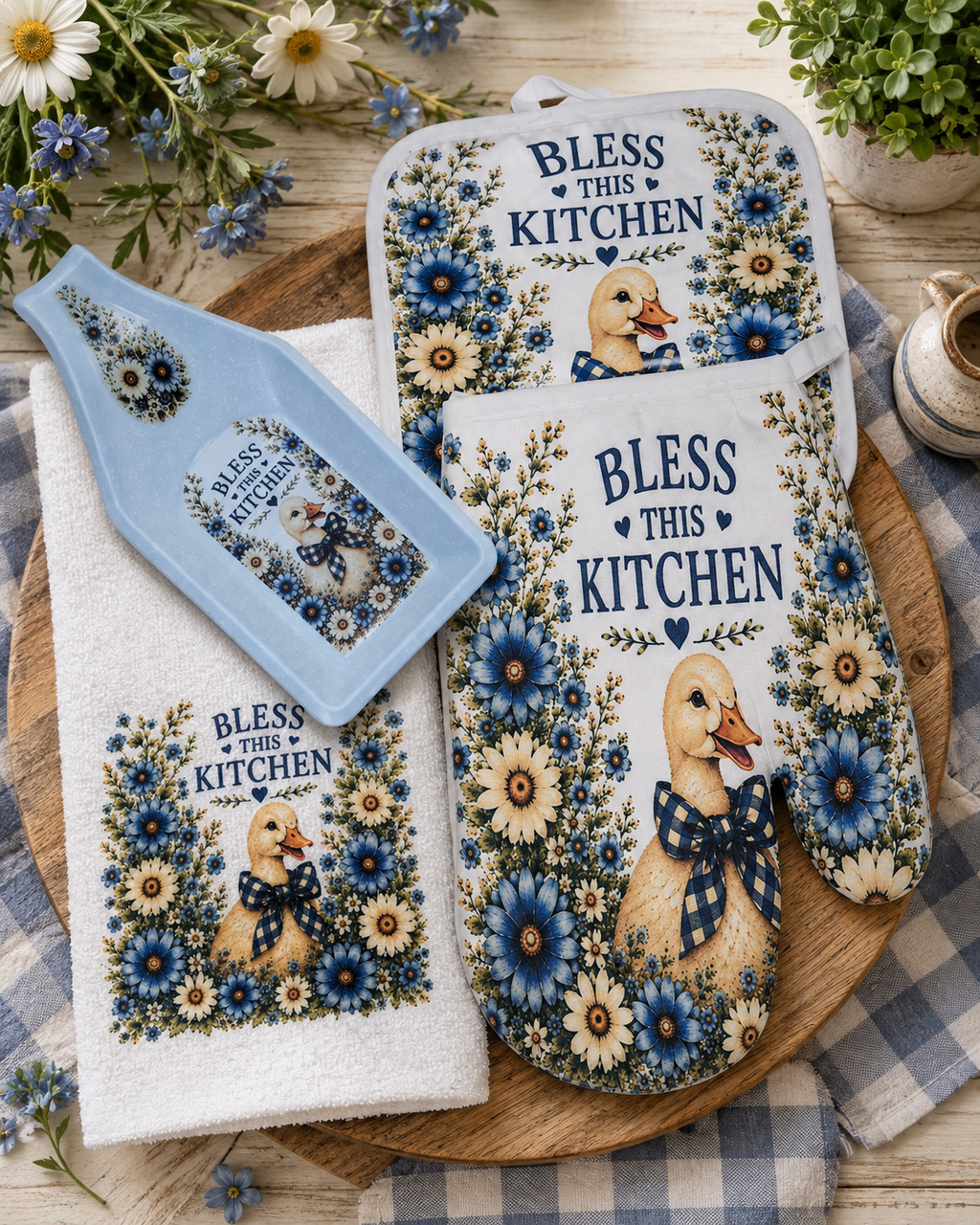 Coordinating 4-Piece Kitchen Gift Set – Towel, Oven Mitt, Pot Holder & Handmade Spoon Rest