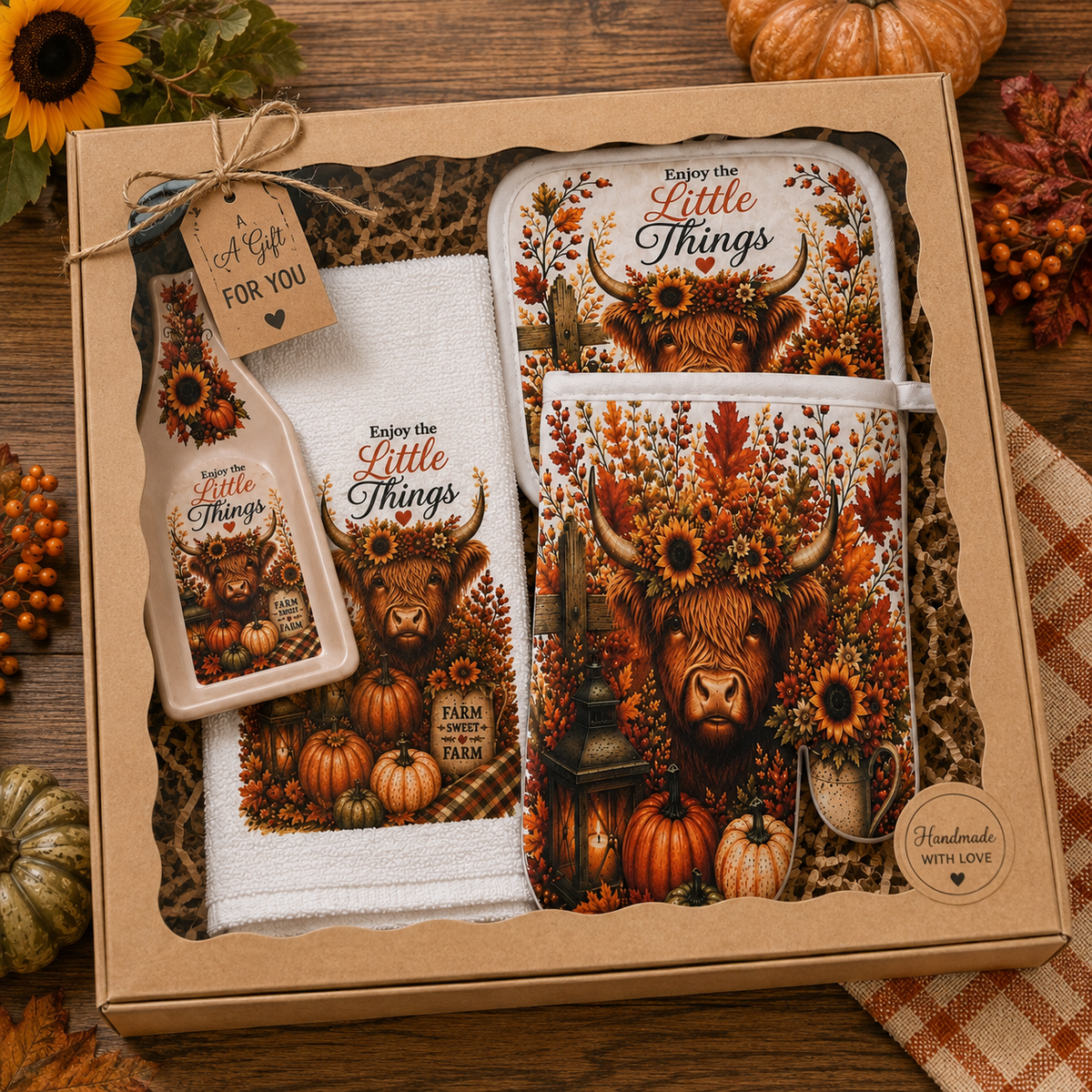 Coordinating 4-Piece Kitchen Gift Set – Towel, Oven Mitt, Pot Holder & Handmade Spoon Rest