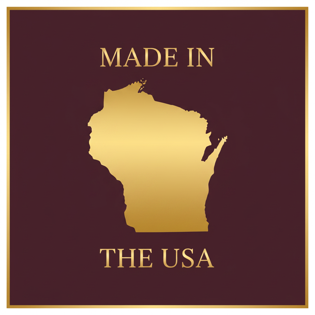 Made in the USA - Wisconsin Badge - Burgundy Background