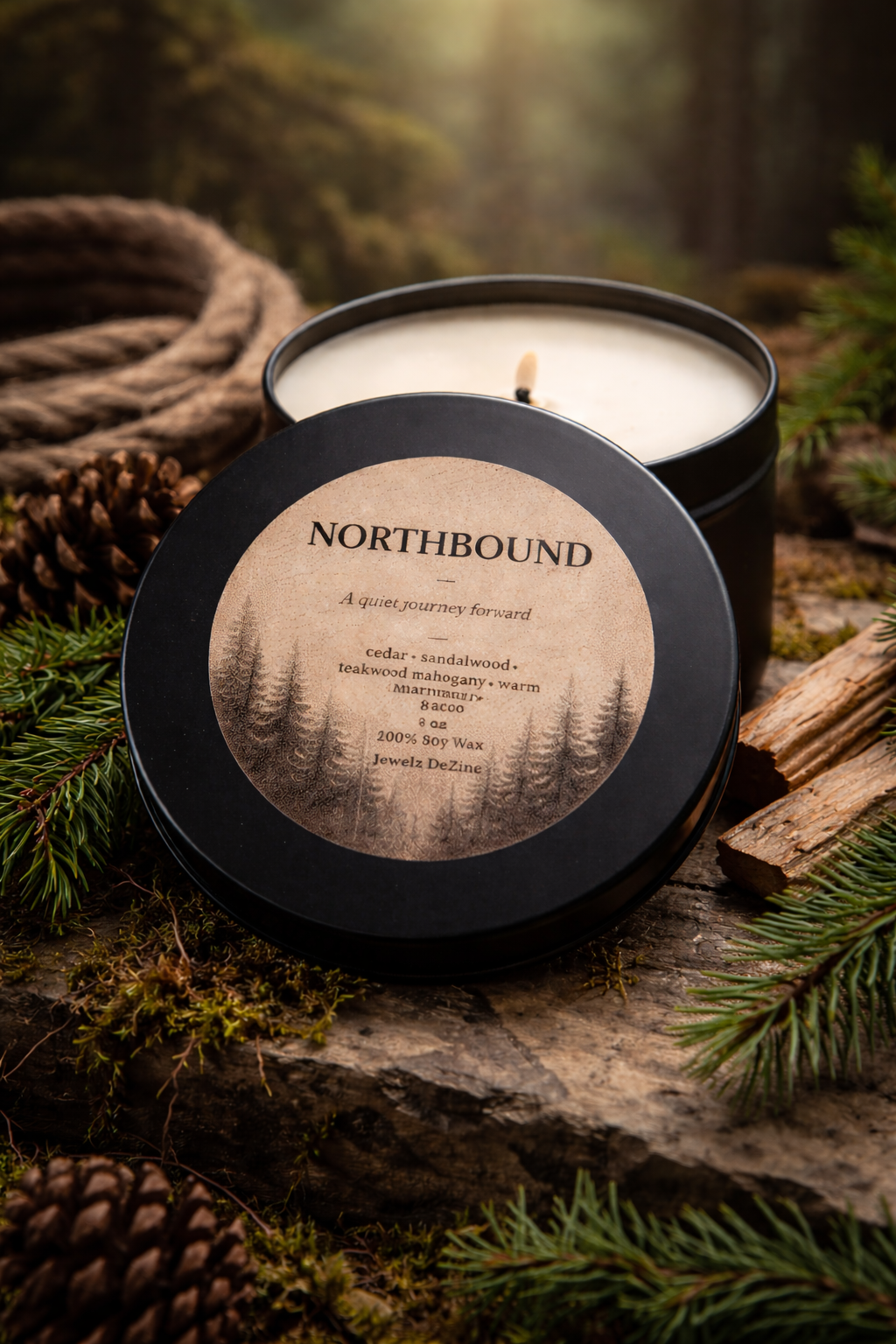 Northbound | Woodsy Soy Candle | Cedarwood, Sandalwood & Tobacco | 8 oz Black Tin