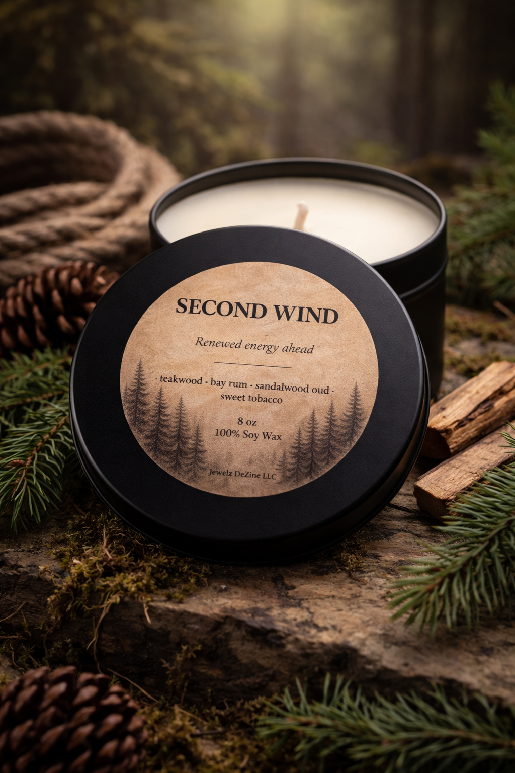 Second Wind | Woodsy Bay Rum Soy Candle | Teakwood, Sandalwood Oud & Sweet Tobacco | 8 oz Black Tin